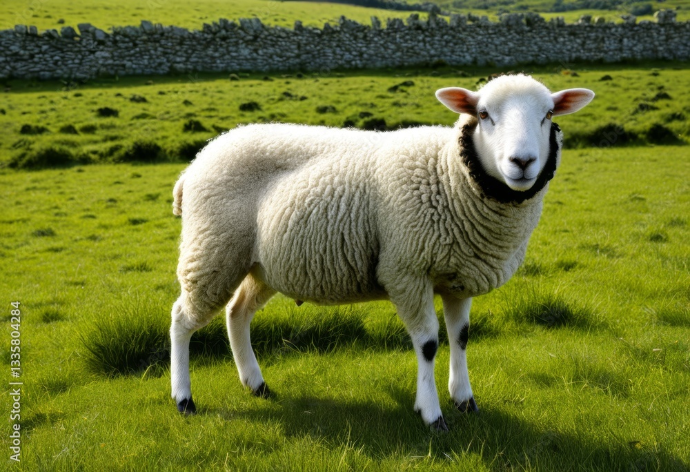 Fototapeta premium A sheep stands in the meadow against a stone wall
