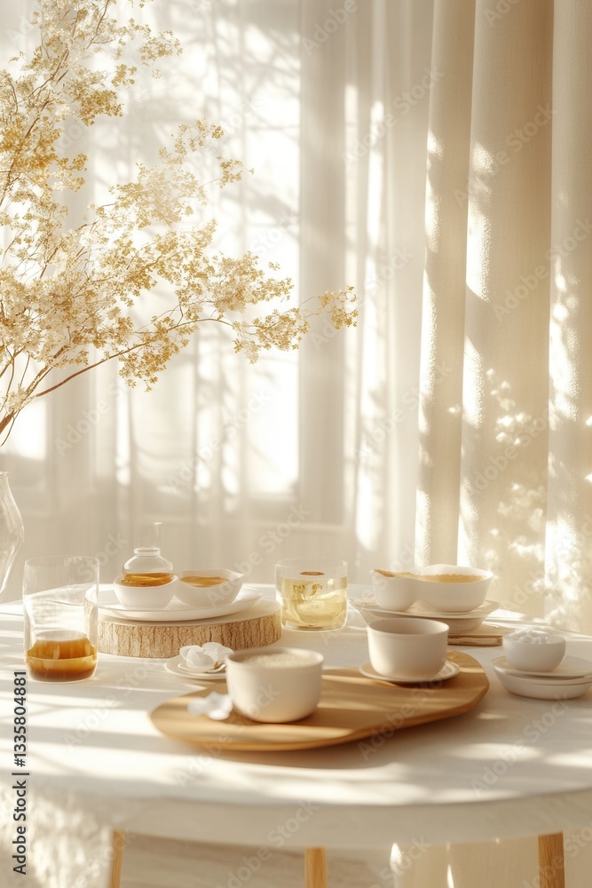 Sun-drenched tea table with delicate flowers Sun-drenched tea table with delicate flowers