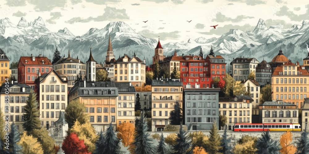 Fototapeta premium Quaint european town nestled before majestic mountains with a scenic train