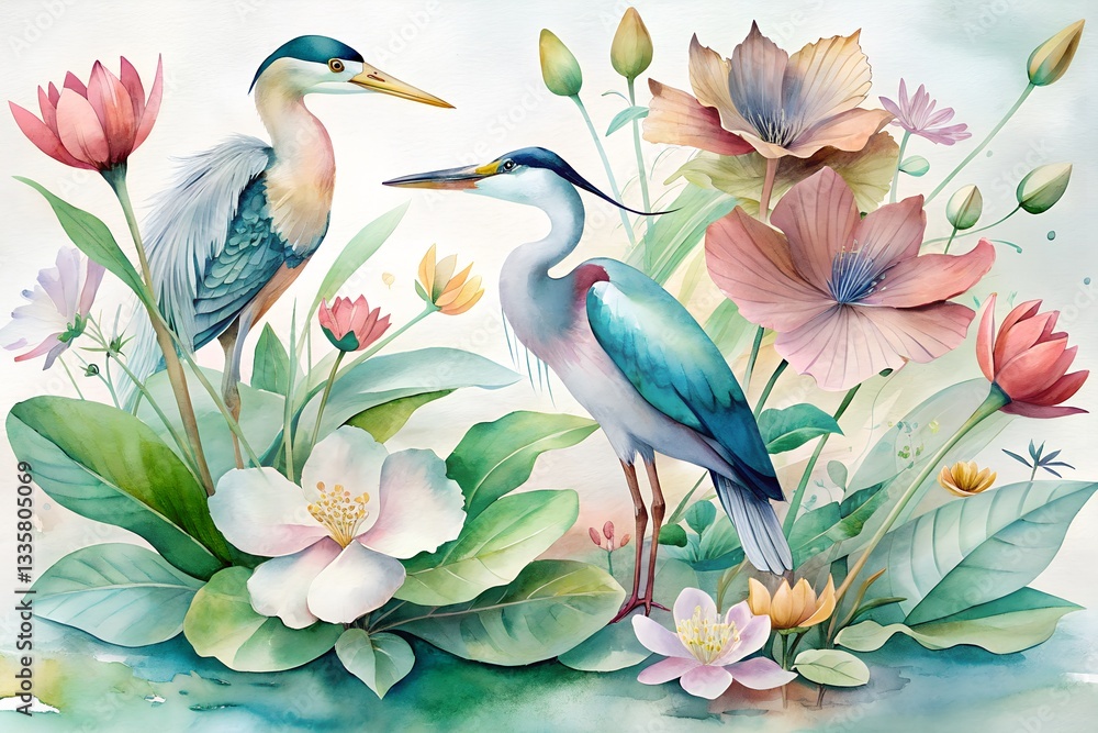 Obraz premium Watercolor Painting of Two Herons Amidst Lush Tropical Flowers and Foliage