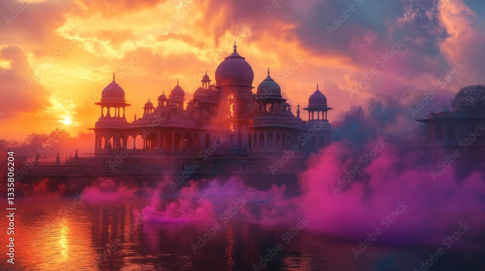 Obraz premium A breathtaking sunrise over a temple, with Holi colors drifting through the air like divine blessings