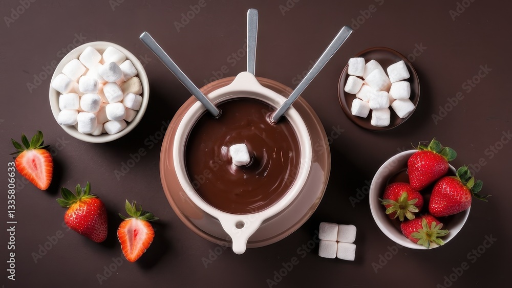Indulgent chocolate fondue set with fresh strawberries and fluffy marshmallows Indulgent chocolate fondue set with fresh strawberries and fluffy marshmallows