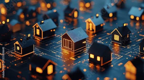 A futuristic cityscape with glowing homes tagged with prices.