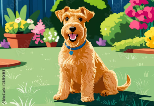 The Airedale Terrier explores the flower garden, its keen eyes full of curiosity.