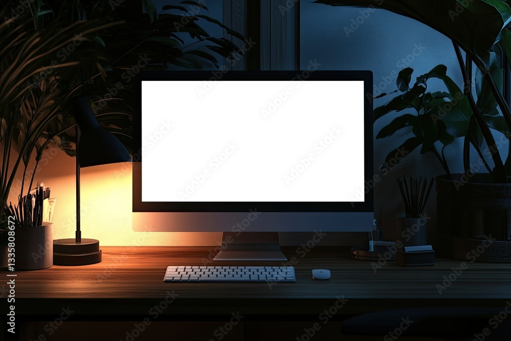 Modern Office at Night with a Computer Mockup and Decor on a Hardwood Desk Dark Workspace Modern Office at Night with a Computer Mockup and Decor on a Hardwood Desk Dark Workspace