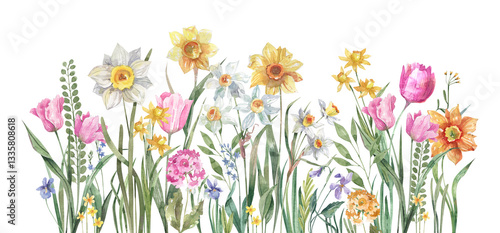 Billede på lærred Bright spring flowers, daffodils, tulips, primroses, snowdrops and meadow grasse