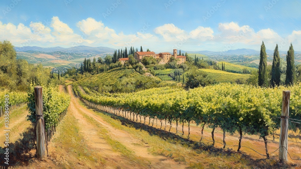 Fototapeta premium Beautiful vineyard landscape showing lush vineyards with clear blue sky and clouds