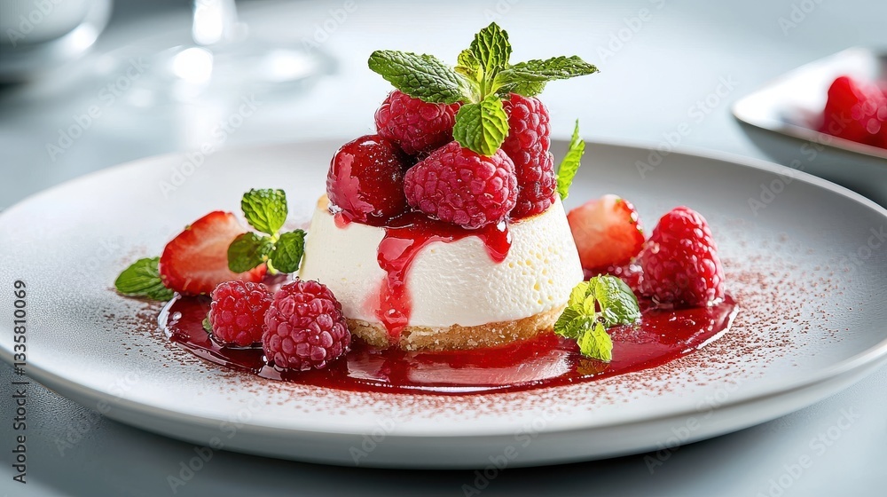 Delicious cheesecake topped with fresh raspberries and mint leaves, elegantly presented on a white plate. Delicious cheesecake topped with fresh raspberries and mint leaves, elegantly presented on a white plate.