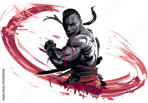 A muscular, tattooed Viking delivers a furious backhand axe strike, leaving a bloody arc in the air