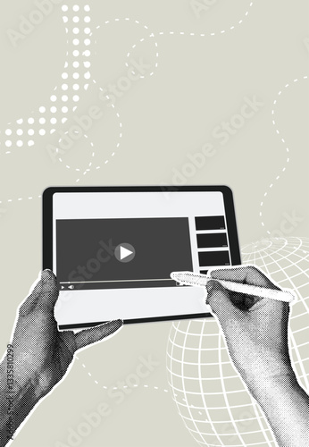 Tredy halftone collage. Hands holding tablet with video on screen and digital pen. Concept of watching educational videos, movies, informative content. 