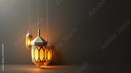 Ramadan Kareem Greeting Card with Origami Lanterns, Folded Paper Effect, Moody Style, and Geometric Precision