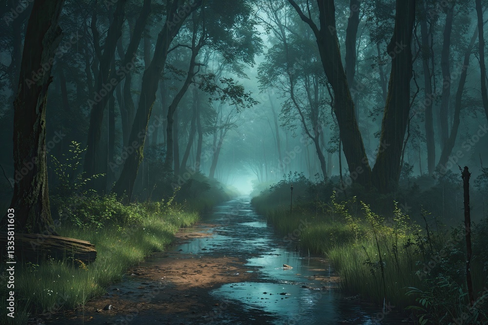Obraz premium Enchanting Digital Artwork of a Rainy Forest Path with Atmospheric Ambiance