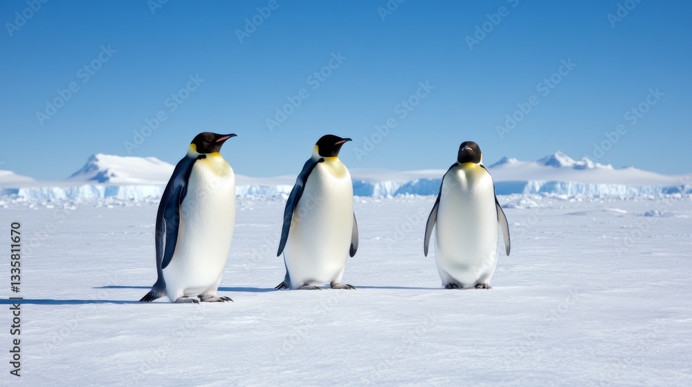 Obraz premium Three penguins on a snowy landscape