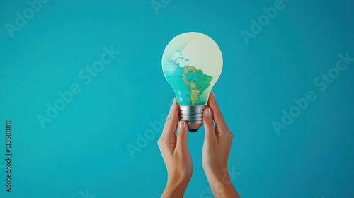 A globe held up by hands in the shape of a light bulb, showcasing global sustainability