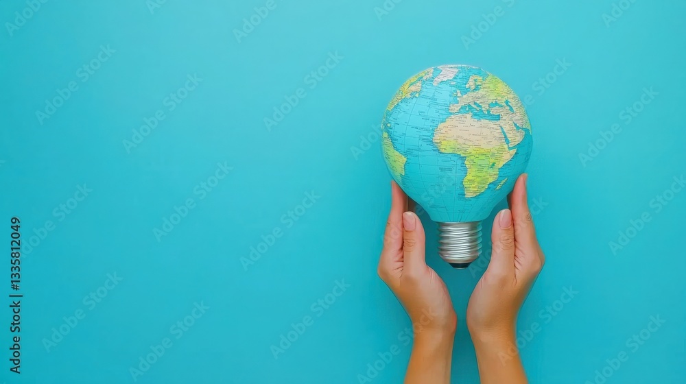 A globe held up by hands in the shape of a light bulb, showcasing global sustainability A globe held up by hands in the shape of a light bulb, showcasing global sustainability