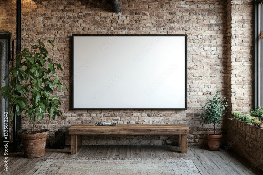 Vibrant Color Image of Living Room Led Tv on Brick Wall with Wooden Table Vibrant Color Image of Living Room Led Tv on Brick Wall with Wooden Table