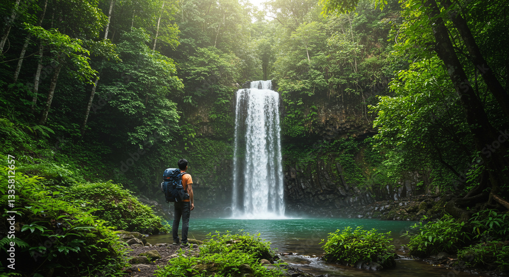 Fototapeta premium A man standing in the middle of a lush green forest, gazing at a cascading waterfall. The man, who appears to be in his mid-twenties, is dressed in casual hiking attire, with a backpack slung over his