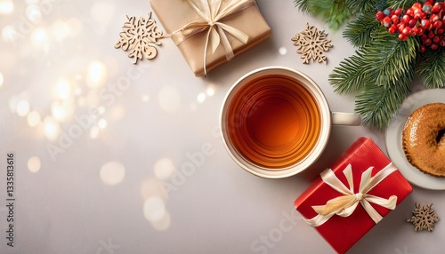 christmas background with gifts and cup of tea