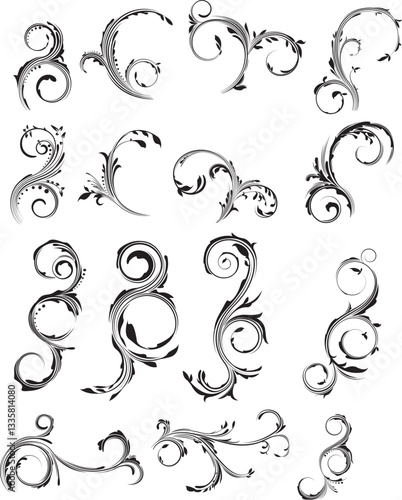 Calligraphic swirl flourish. Modern swirling flourishes, wreath, romantic card decorative swirl and wedding card decor curls swirles dividers set. Black curly thin lines, filigree ornaments baroque