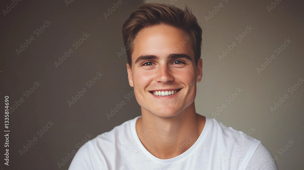 Young man smiling warmly, soft light enhancing his cheerful expression, minimal background. Young man smiling warmly, soft light enhancing his cheerful expression, minimal background.
