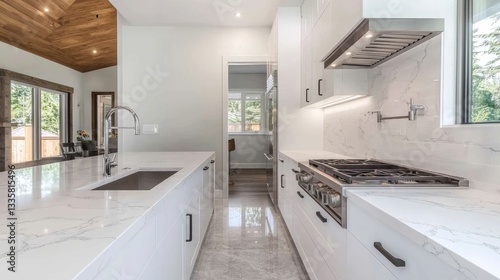 Wallpaper Mural Modern White Kitchen Interior Design  Luxury Marble Countertops  Sleek Appliances Torontodigital.ca