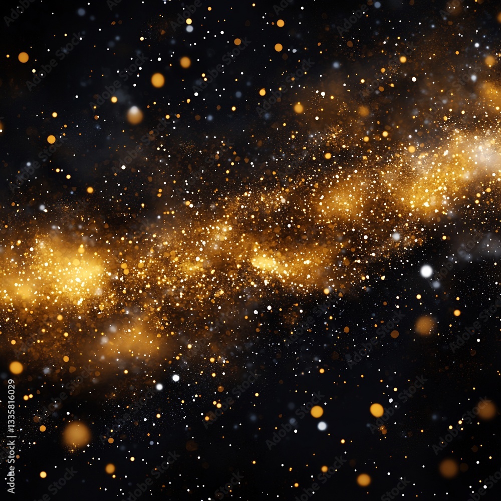 Fototapeta premium Rich luxurious holiday themed digital art piece showcasing a golden glittering snowfall with deep black shadows and elegant cosmic sparkles ar 169