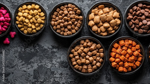 Colorful assortment of different dog foods arranged neatly in bowls for pet nutrition choices