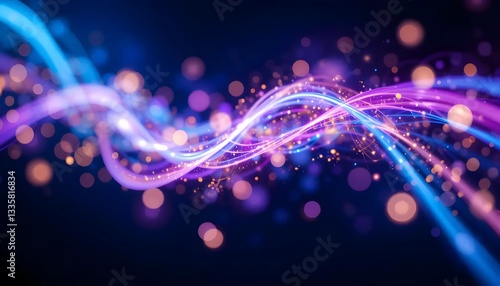 This abstract image features swirling, vibrant neon lines of blue and purple, set against a dark backdrop.