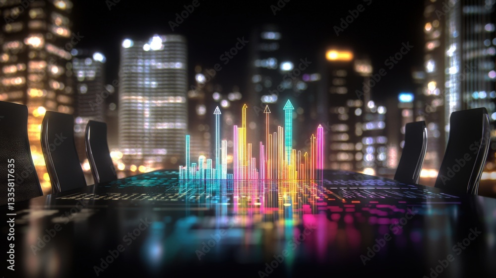 A holographic boardroom table with 3D real estate charts and graphs. A holographic boardroom table with 3D real estate charts and graphs.