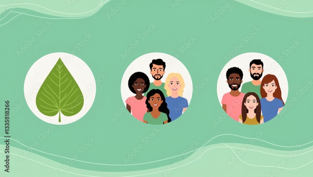 Obraz premium an illustration about environment protection with a leaf and several groups of diverse people 