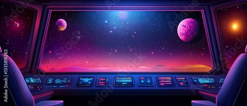 Futuristic Space Command Center View with Distant Planets and Colorful Starry Galaxy Background