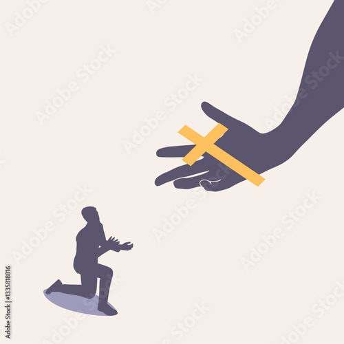 Christian cross in male hand and prayer. Giving hands. Christianity concept illustration.