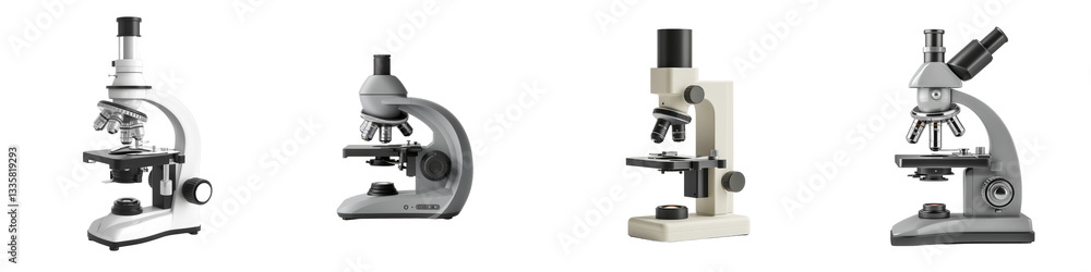 Four microscopes, lab equipment, science isolated on white or transparent Four microscopes, lab equipment, science isolated on white or transparent