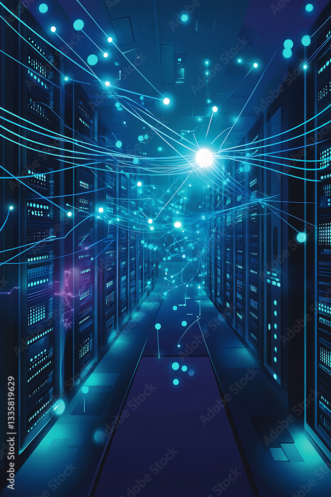 Futuristic data center with glowing connections and server racks, showcasing technology and innovation Futuristic data center with glowing connections and server racks, showcasing technology and innovation