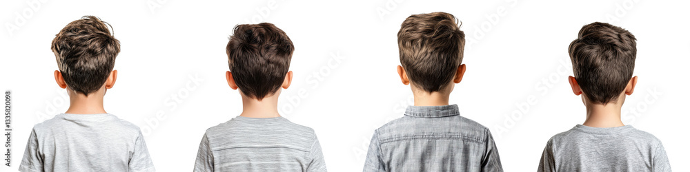 Closeup portrait of a young boy with casual dark hair in a gray t shirt against a clean white background Closeup portrait of a young boy with casual dark hair in a gray t shirt against a clean white background