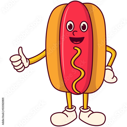 Hotdog Mascot Character with Retro Cartoon Design Concept. Vector Illustration