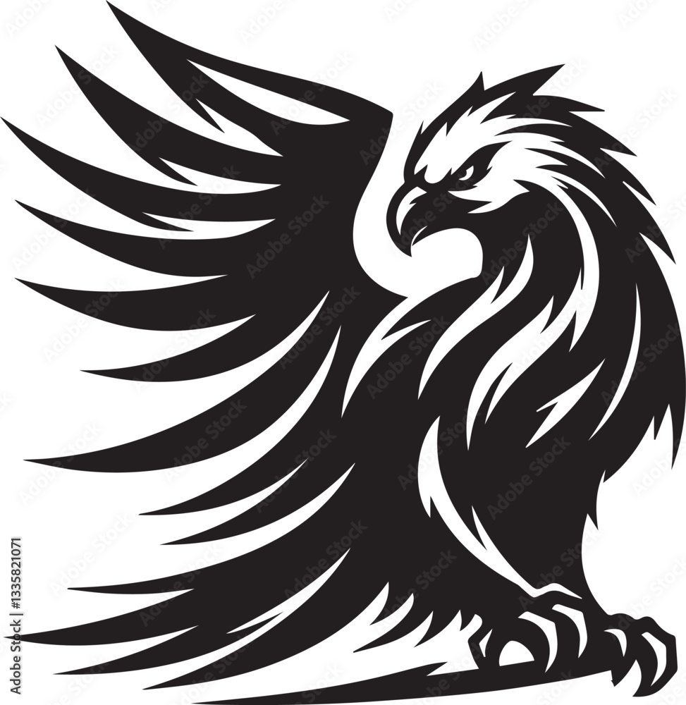Obraz premium Majestic Black and White Eagle Vector Illustration – Fierce Falcon Silhouette Logo