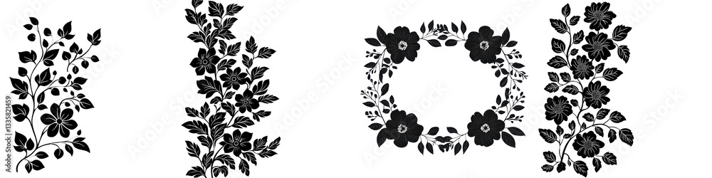 Fototapeta premium A set of stylized black and white floral silhouette patterns featuring leaves branches and decorative botanical elements