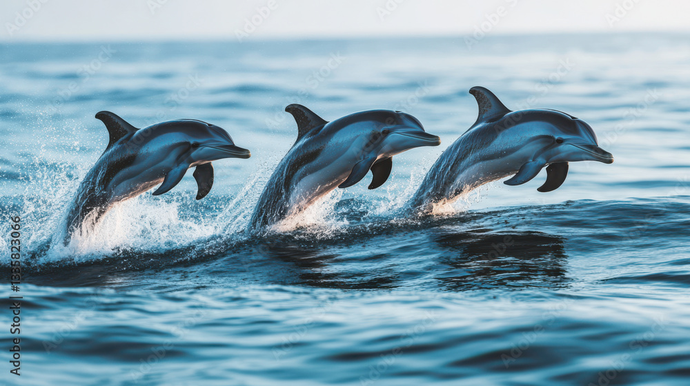 Fototapeta premium Three dolphins leap playfully from ocean waves.
