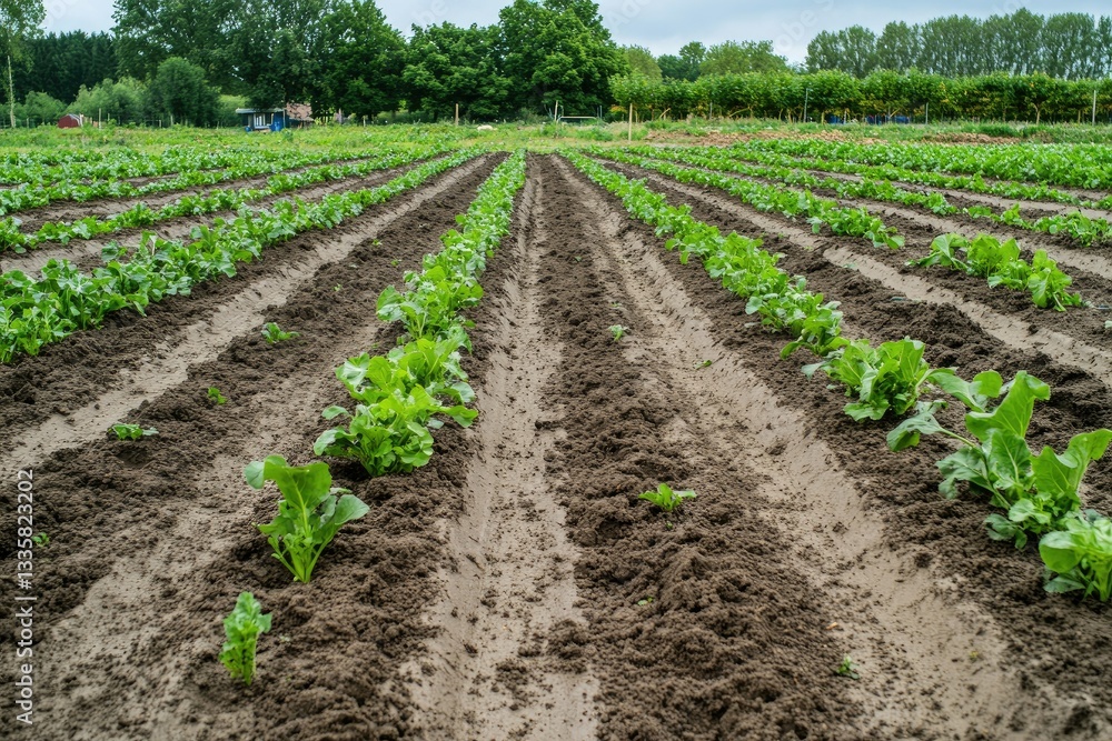 Vegetable Garden Prepared for Cultivation with Ridges Soil in Ridges for Plant Cultivation Vegetable Garden Prepared for Cultivation with Ridges Soil in Ridges for Plant Cultivation