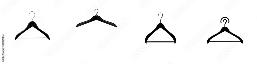 Fototapeta premium Four black clothes hangers on black isolated on white or transparent