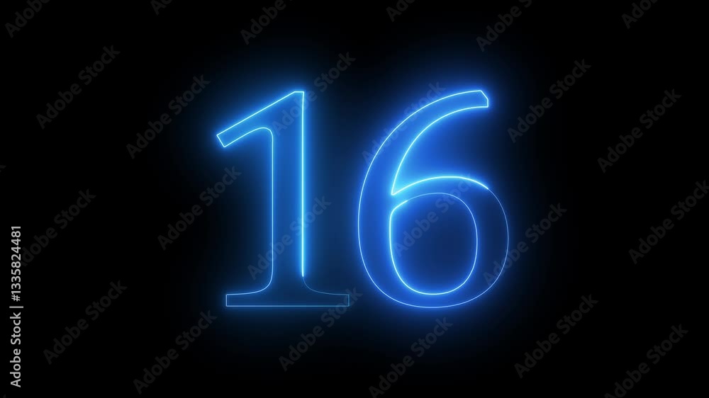 glowing neon text 16 number countdown icon. sixteen number glowing neon text 16 number countdown icon. sixteen number
