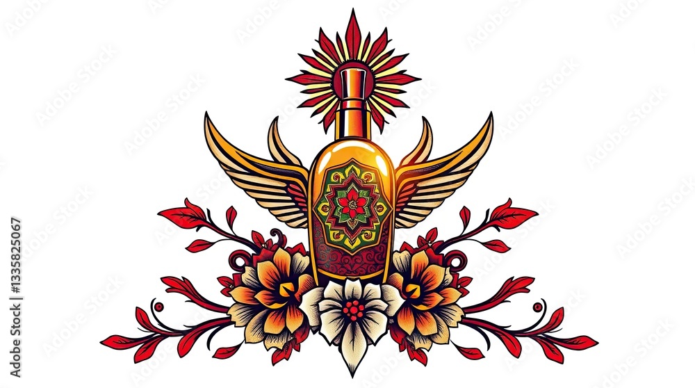 Fototapeta premium A beauty product advertisement template symbolic traditional tattoo art print and white background