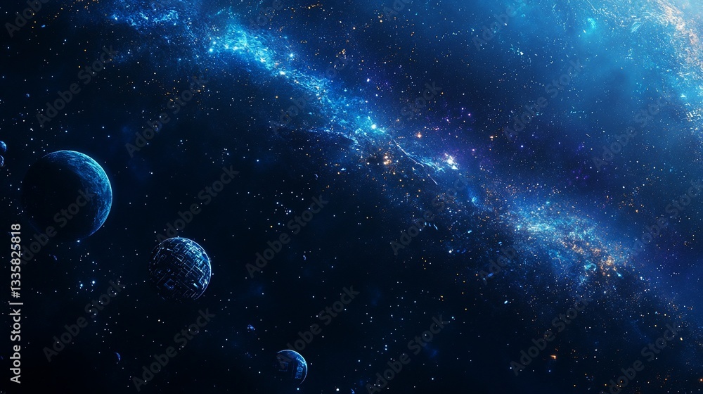 Fototapeta premium A mesmerizing deep space view featuring planets and a glowing nebula with countless stars