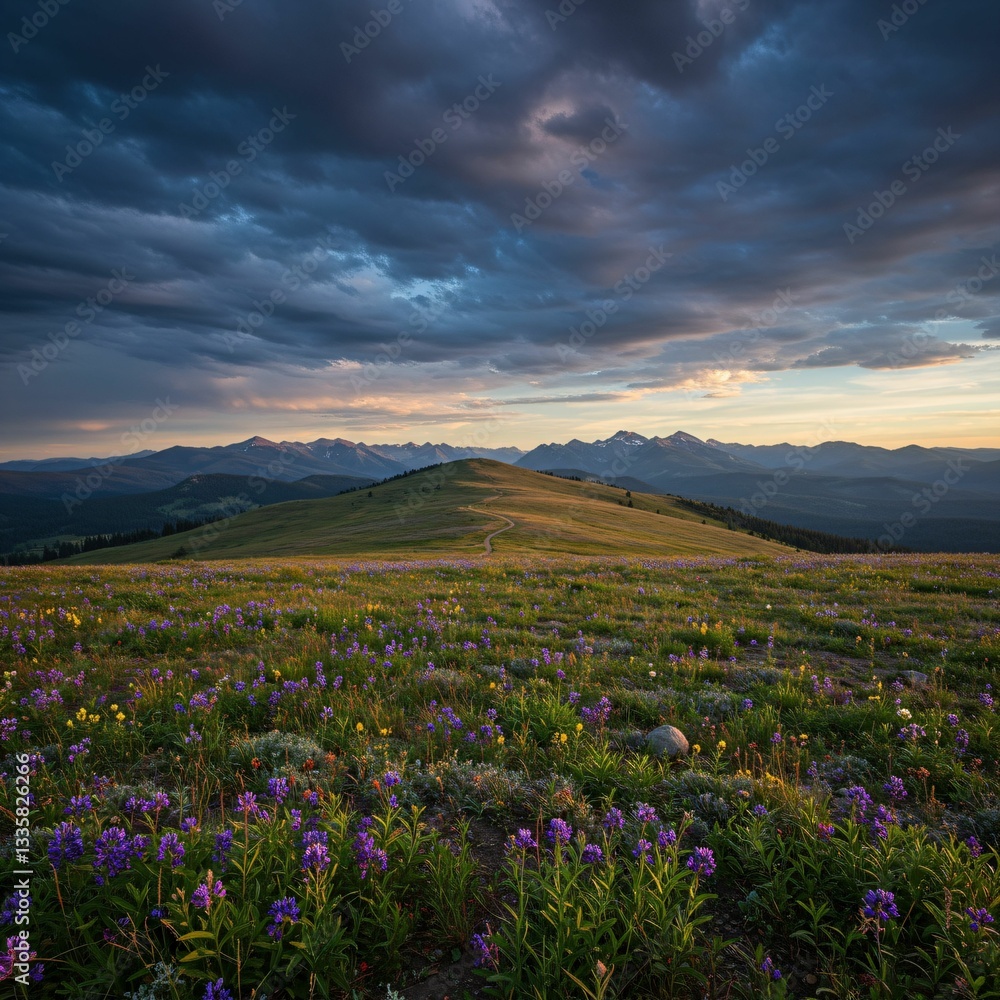 Scenic meadow with wildflowers and mountains at sunset. Scenic meadow with wildflowers and mountains at sunset.