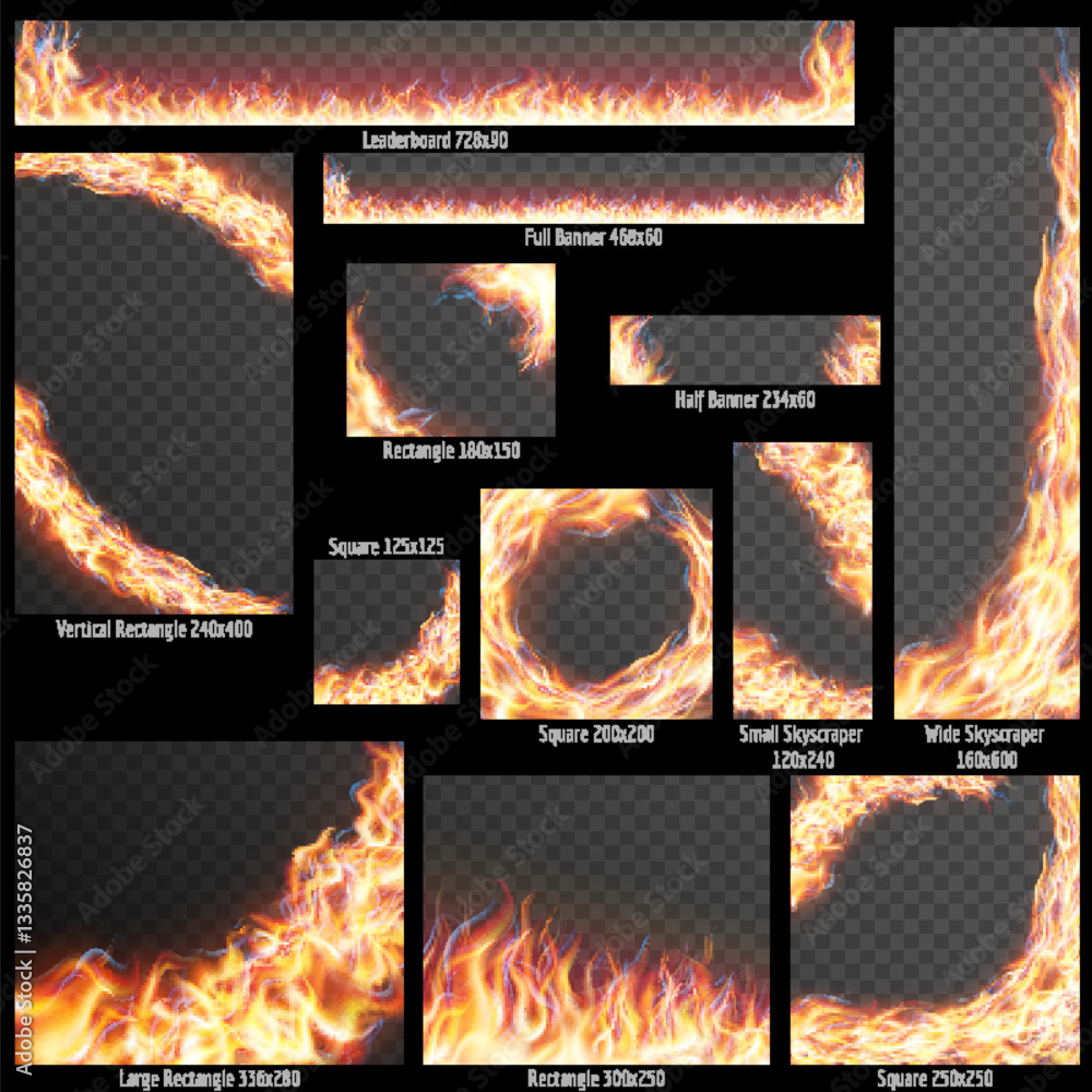 Collection of various banner and ad template shapes surrounded by realistic flame effects on a transparent background.