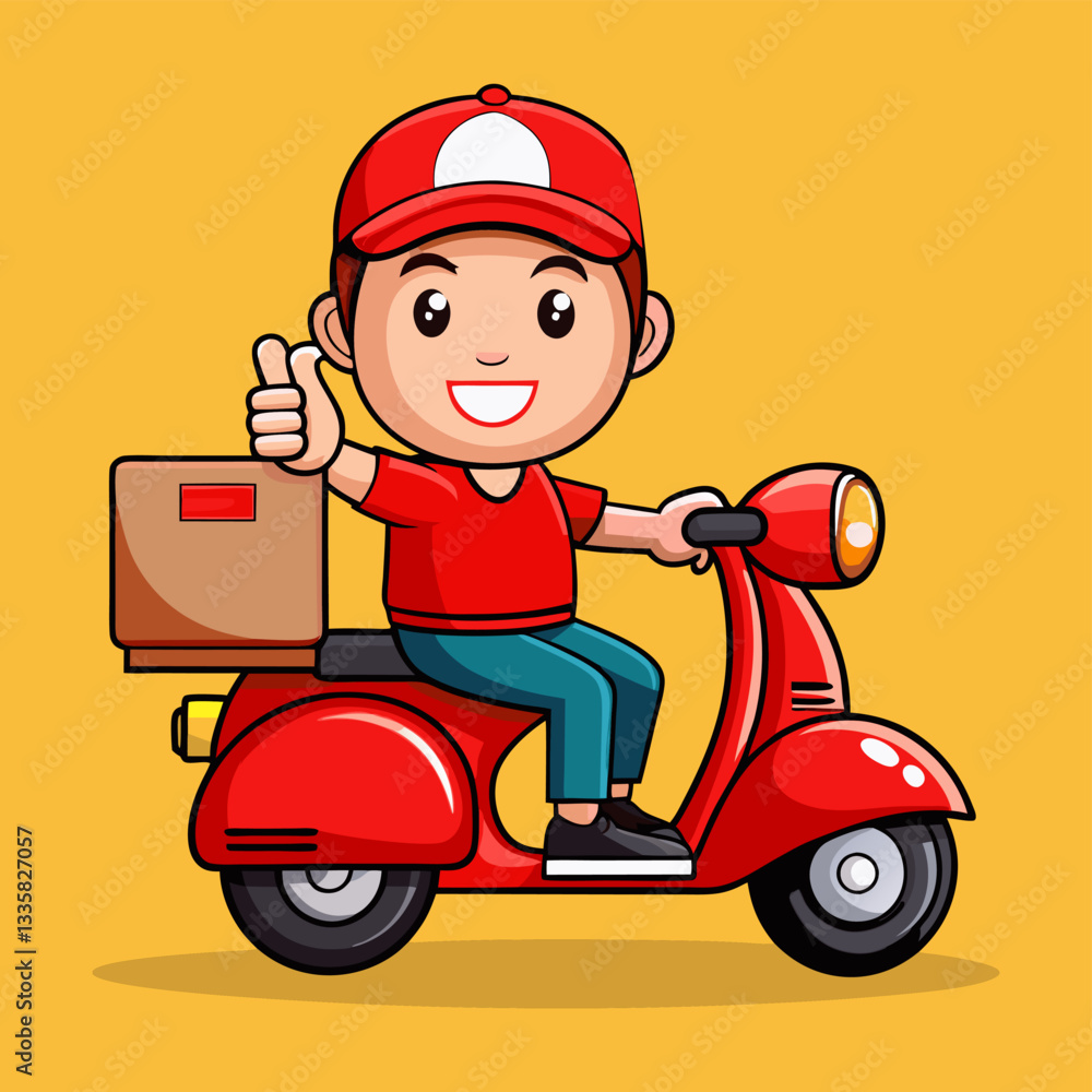 Happy Delivery Man on Red Scooter – Fast and Reliable Courier Service Illustration Happy Delivery Man on Red Scooter – Fast and Reliable Courier Service Illustration