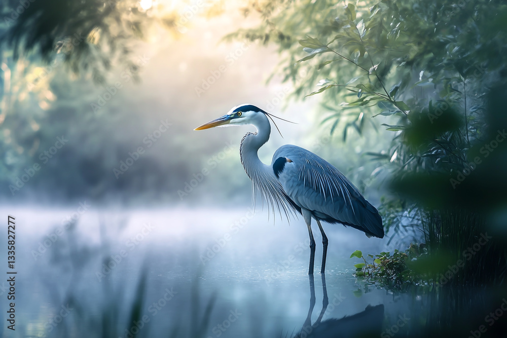 Obraz premium A majestic heron standing gracefully on the edge of an ancient lake