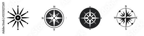 Four compass rose variations. white background isolated on white or transparent
