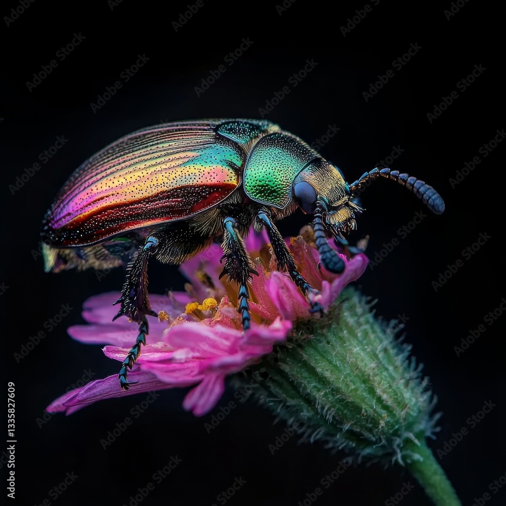 Fototapeta premium Vibrant Jewel Scarab Beetle on Pink Flower